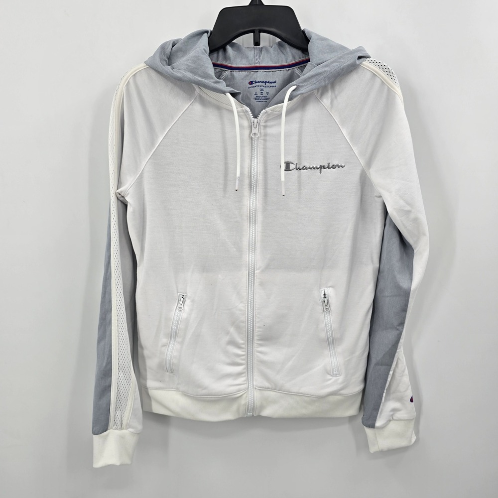 Champion Jacket Womens‎ XS White Grey Mesh Panel Full Zip Hoodie Lightweight